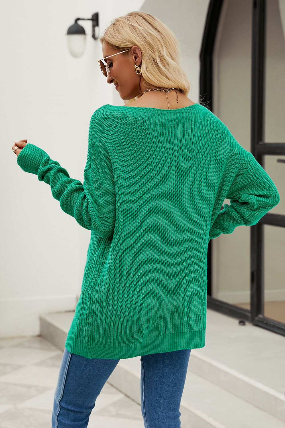 Long Knit Top with Boat Neck and Dropped Shoulders