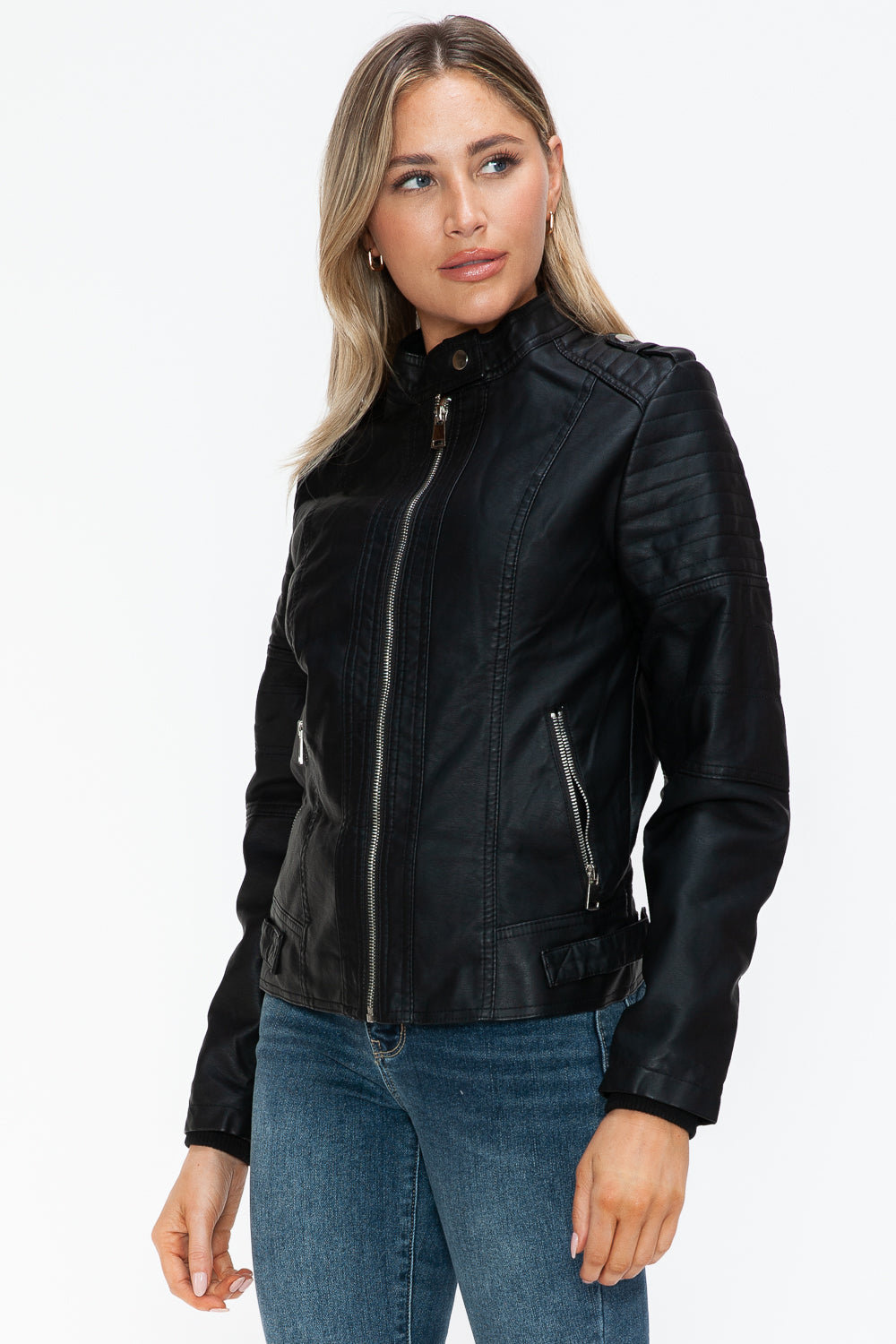 Stylish and Trendy PU Leather Biker Jacket for Men and Women with Convenient Side Zip Pockets