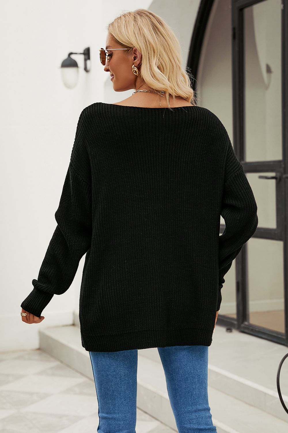 Long Knit Top with Boat Neck and Dropped Shoulders