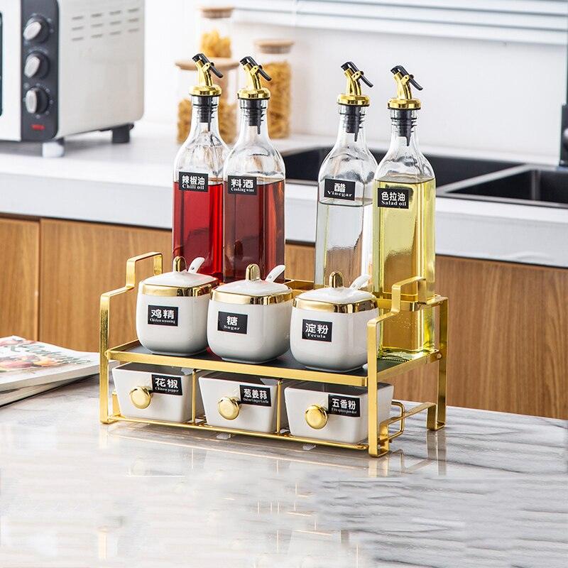 High - Quality Ceramic Olive Oil Spray Bottle, Spice Jars Set, Sauce, Salt and Pepper Shakers, Condiment Spice Organizer Rack for Kitchen Storage