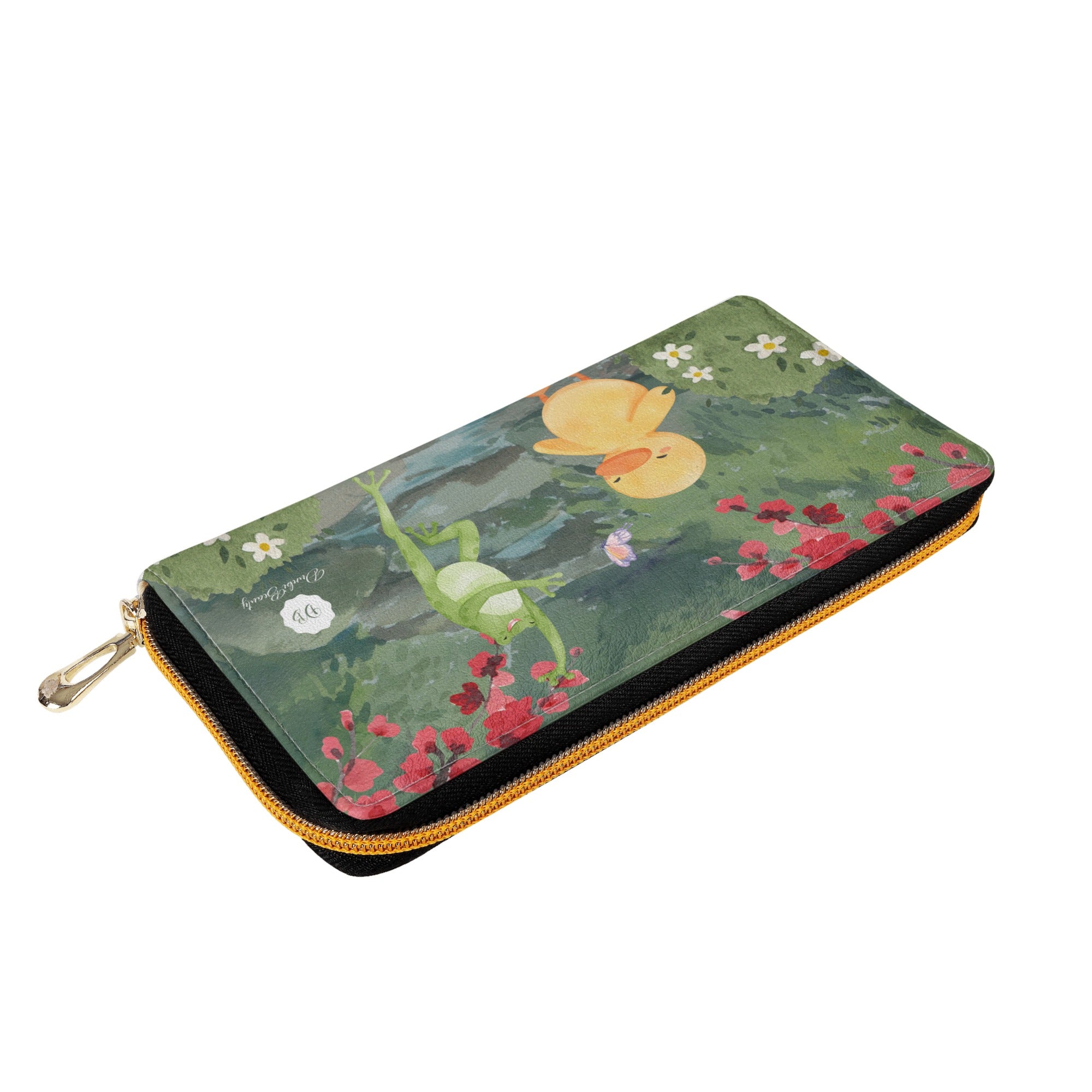 Dunbi-Designed PU L-Zipper Purse with Duck, Frog and Butterfly Motif