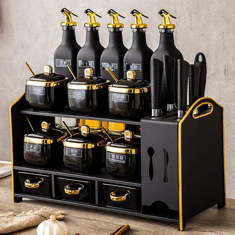 High - Quality Ceramic Olive Oil Spray Bottle, Spice Jars Set, Sauce, Salt and Pepper Shakers, Condiment Spice Organizer Rack for Kitchen Storage