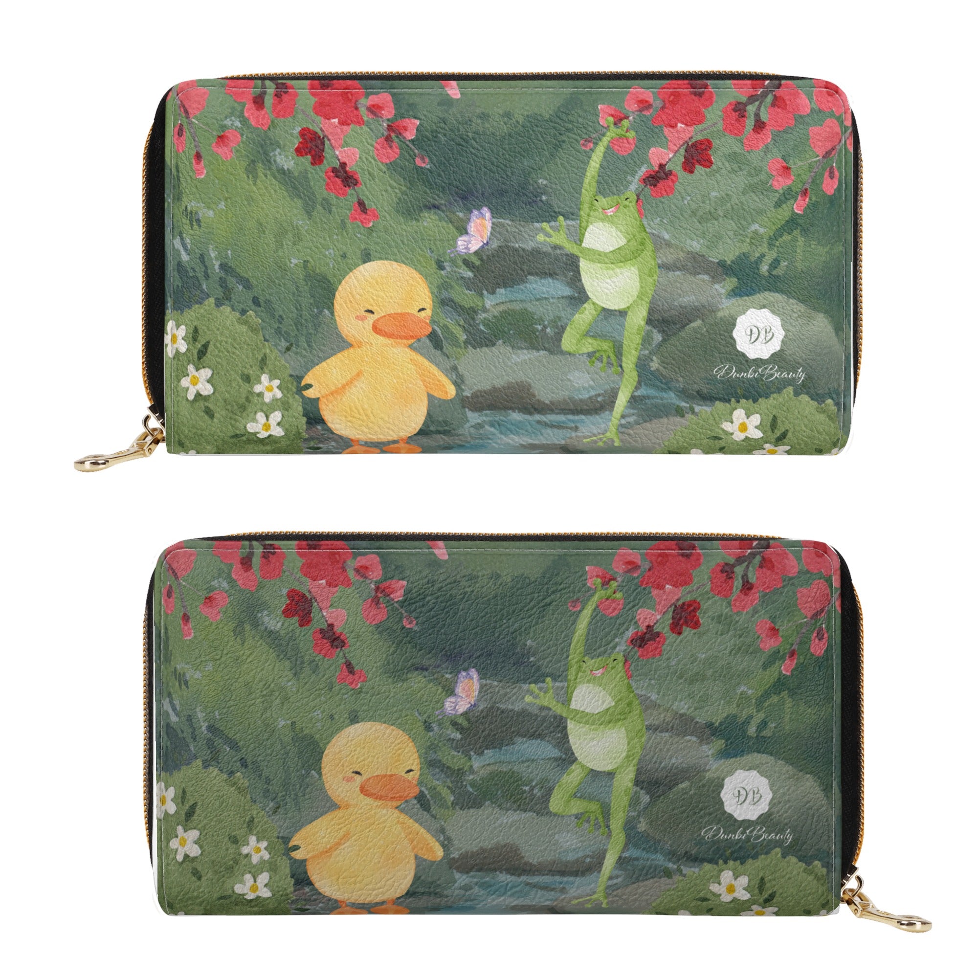 Dunbi-Designed PU L-Zipper Purse with Duck, Frog and Butterfly Motif