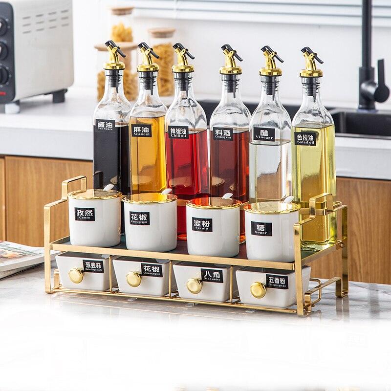 High - Quality Ceramic Olive Oil Spray Bottle, Spice Jars Set, Sauce, Salt and Pepper Shakers, Condiment Spice Organizer Rack for Kitchen Storage
