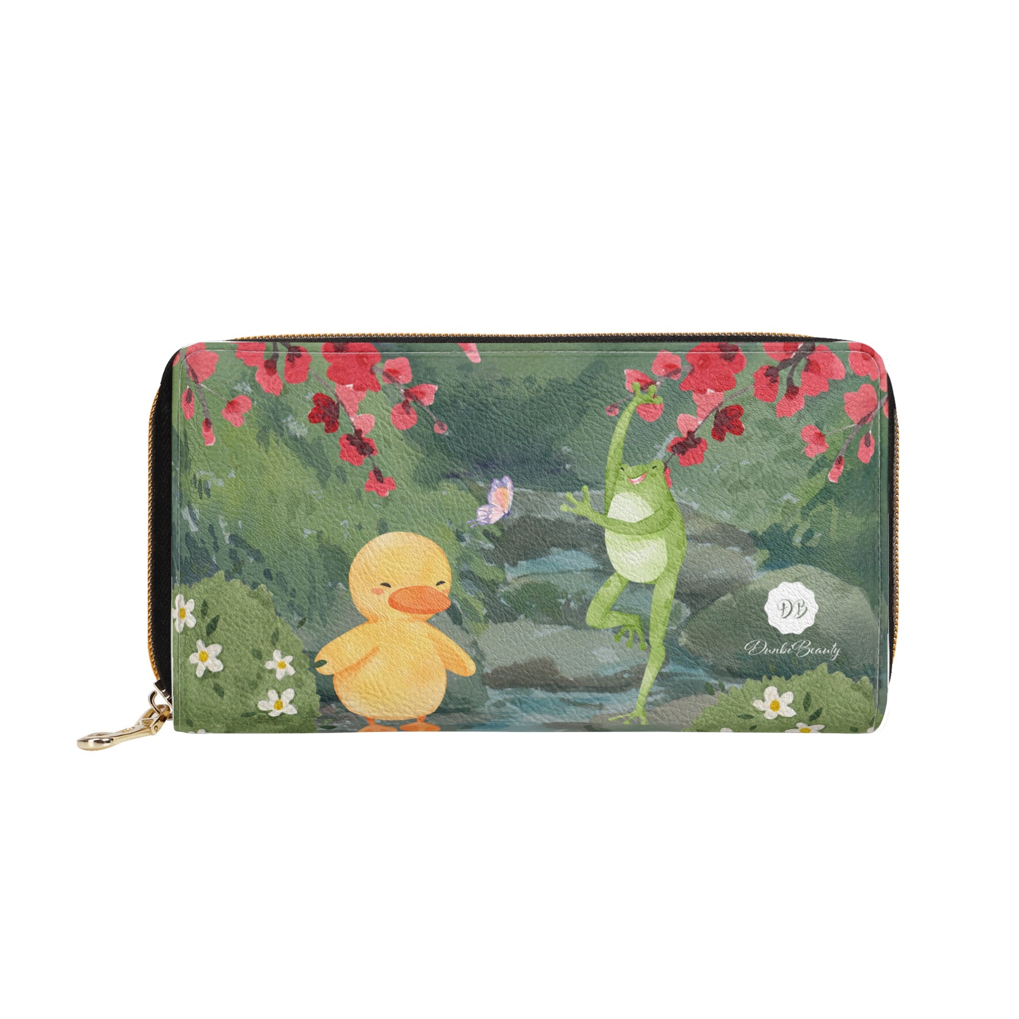 Dunbi-Designed PU L-Zipper Purse with Duck, Frog and Butterfly Motif