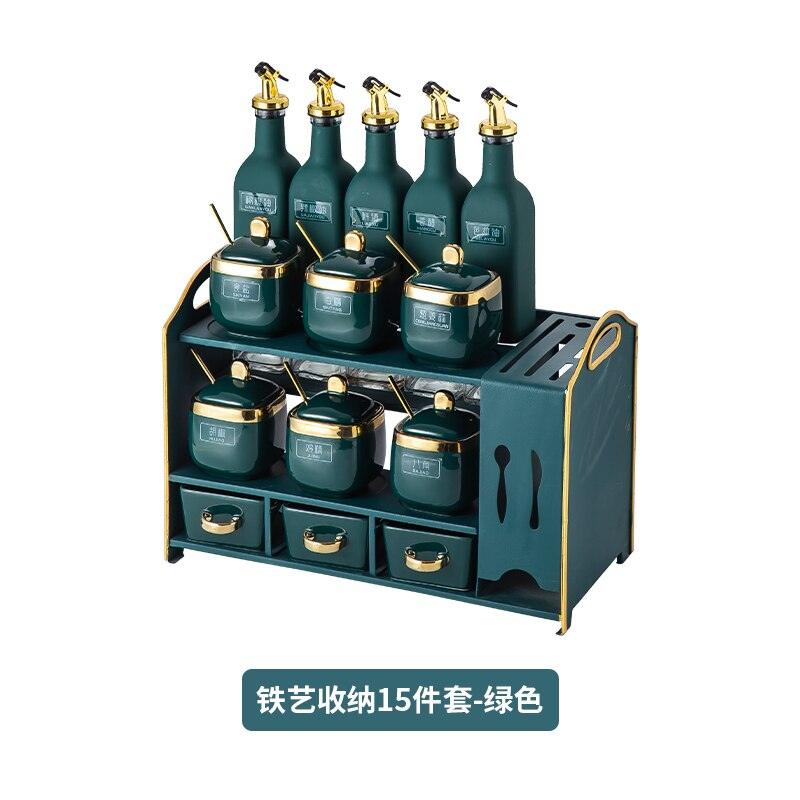 High - Quality Ceramic Olive Oil Spray Bottle, Spice Jars Set, Sauce, Salt and Pepper Shakers, Condiment Spice Organizer Rack for Kitchen Storage