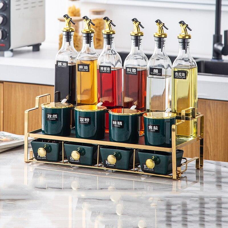 High - Quality Ceramic Olive Oil Spray Bottle, Spice Jars Set, Sauce, Salt and Pepper Shakers, Condiment Spice Organizer Rack for Kitchen Storage