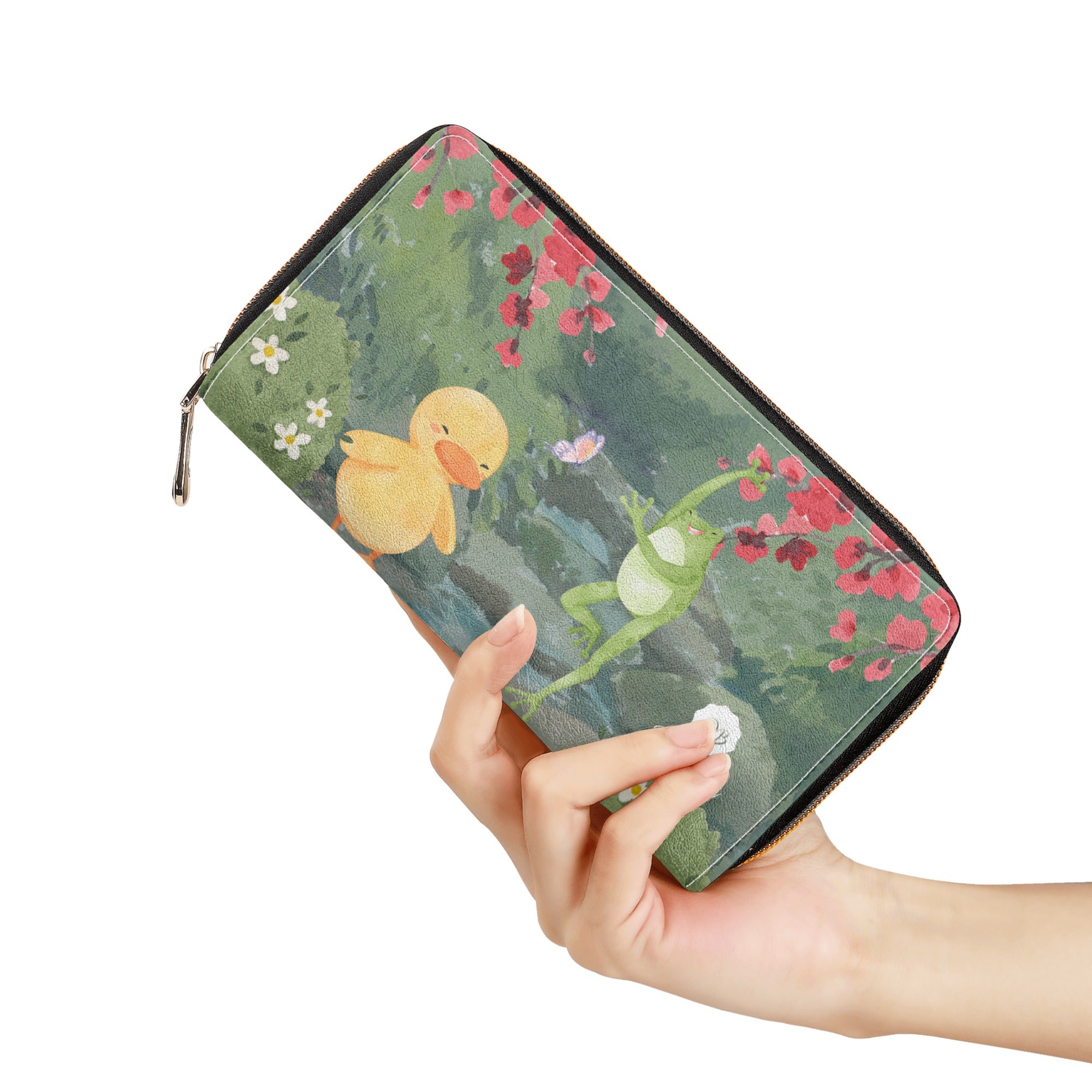 Dunbi-Designed PU L-Zipper Purse with Duck, Frog and Butterfly Motif